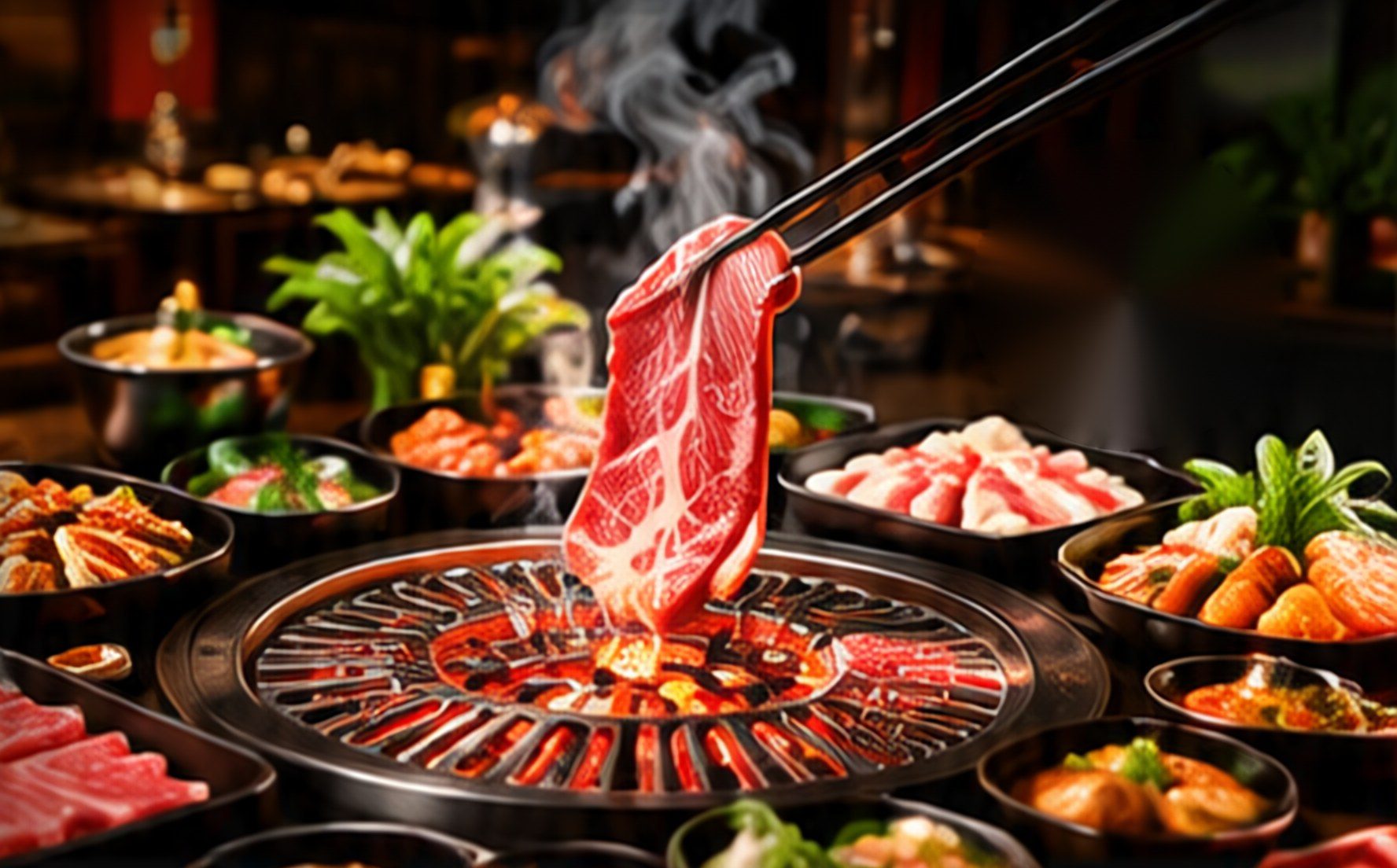 Thịt bò đang được gắp lên vỉ nướng than hoa, xung quanh là các đĩa thịt và rau